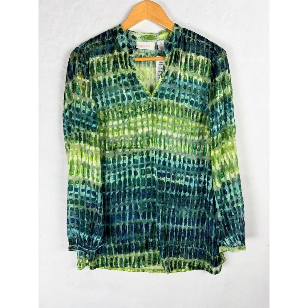 2/$30 Chico's Green Abstract Burnout Velvet V-Neck Long Sleeve Top Size 0 S
